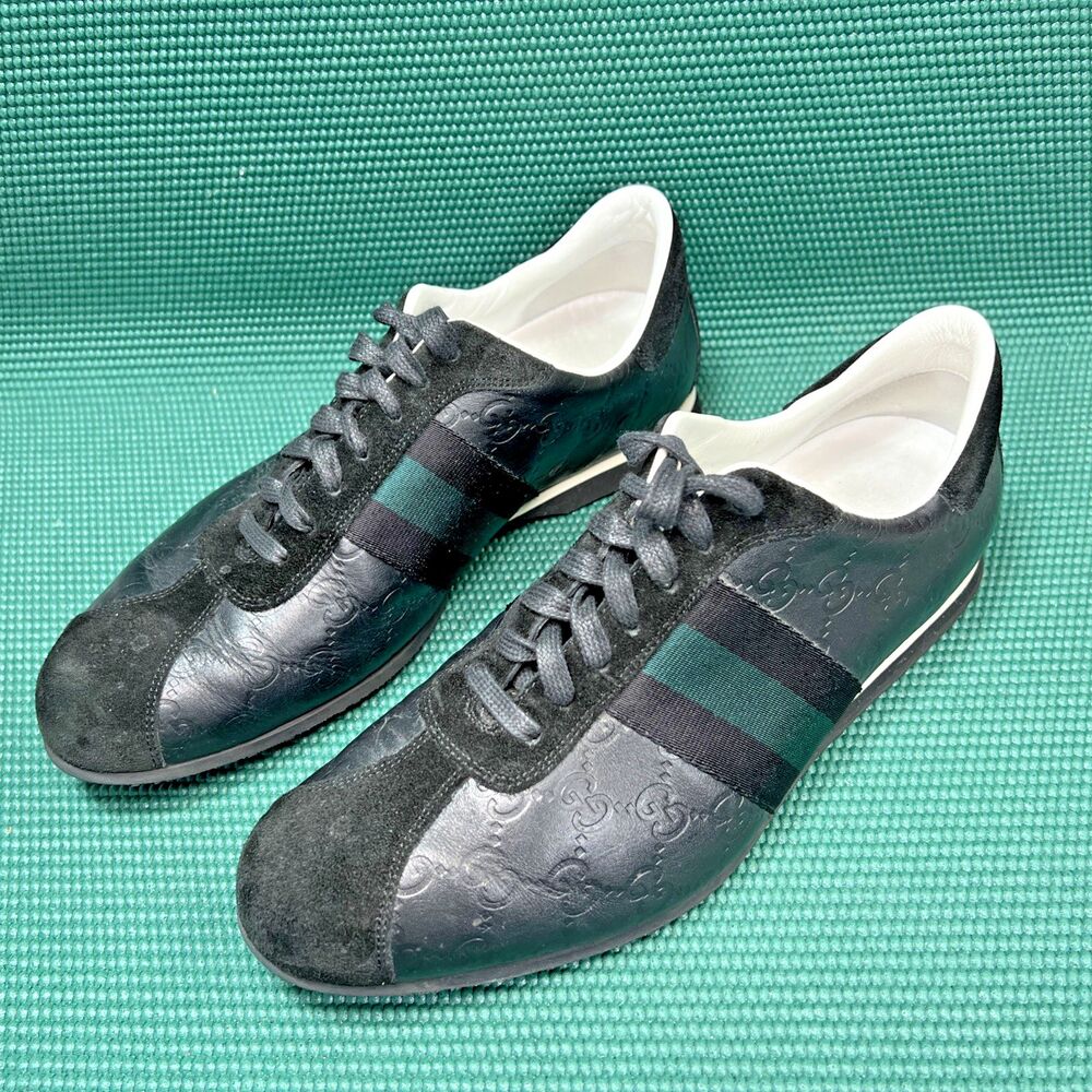 Gucci GG Embossed Guccissima Leather Low Sneaker Black Green 138169 Size 9